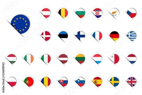 Set of round icons with flags of European Union member states. Modern vector simple stickers isolated on white background