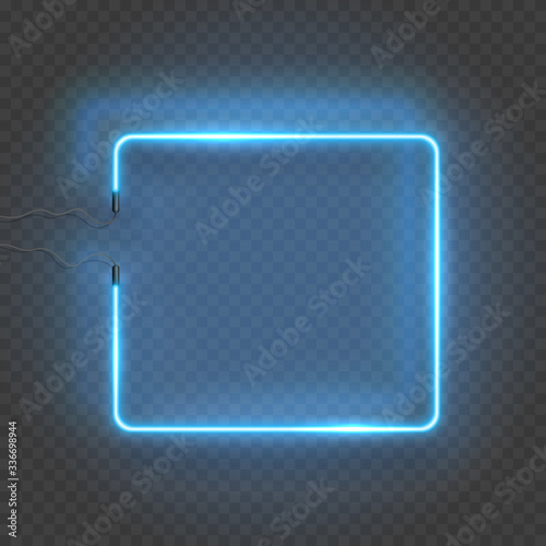 Neon rectangle lamp wall sign isolated on transparent background. Vector blue power glowing bulb banner, light line border or square frame