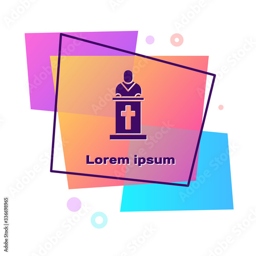 Purple Church pastor preaching icon isolated on white background. Color rectangle button. Vector Illustration