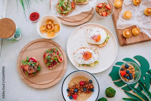 Healthy breakfast on the table on wooden desk