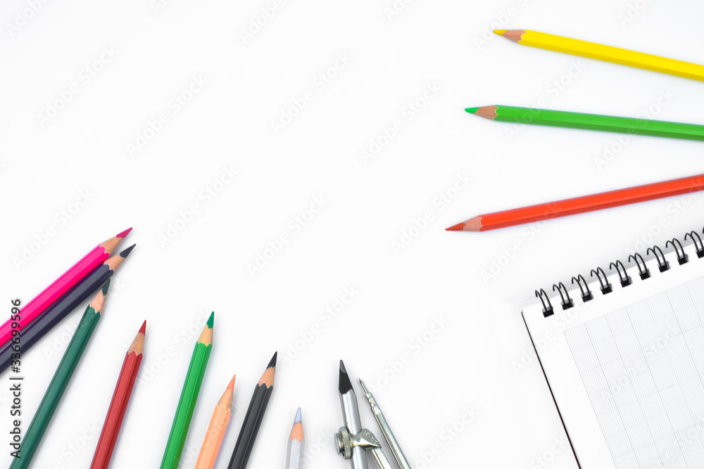 Study materials containing different color pencil,a pencil compass and a diary Study materials containing different color pencil,a pencil compass and a diary
