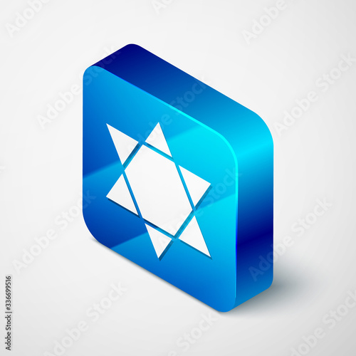 Isometric Star of David icon isolated on grey background. Jewish religion symbol. Symbol of Israel. Blue square button. Vector Illustration