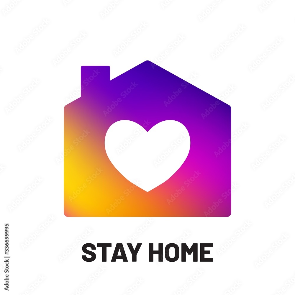 Stay Home icon template. Vector illustration with heart in house. Coronavirus, COVID 19 protection logo.