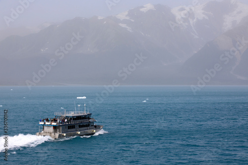 Hubbard Glacier, Alaska / USA - August 08, 2019: View from ship cruise deck near hubbard glacier, Seward, Alaska, USA