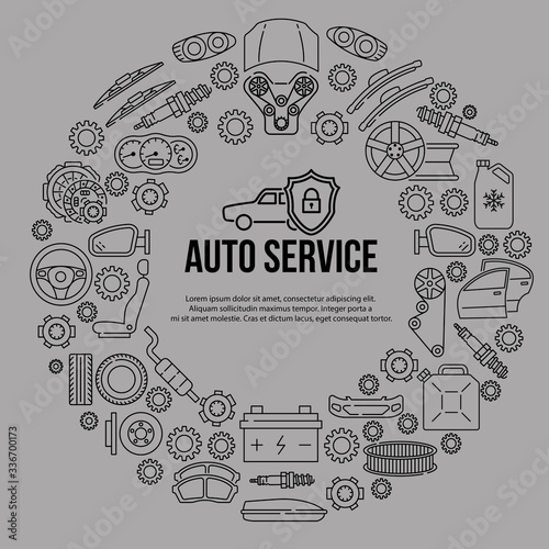 Circle banner with line icons of auto parts on a gray background. Template for auto service, car repair. In the center you can write any text. Concept for web posters and printed materials