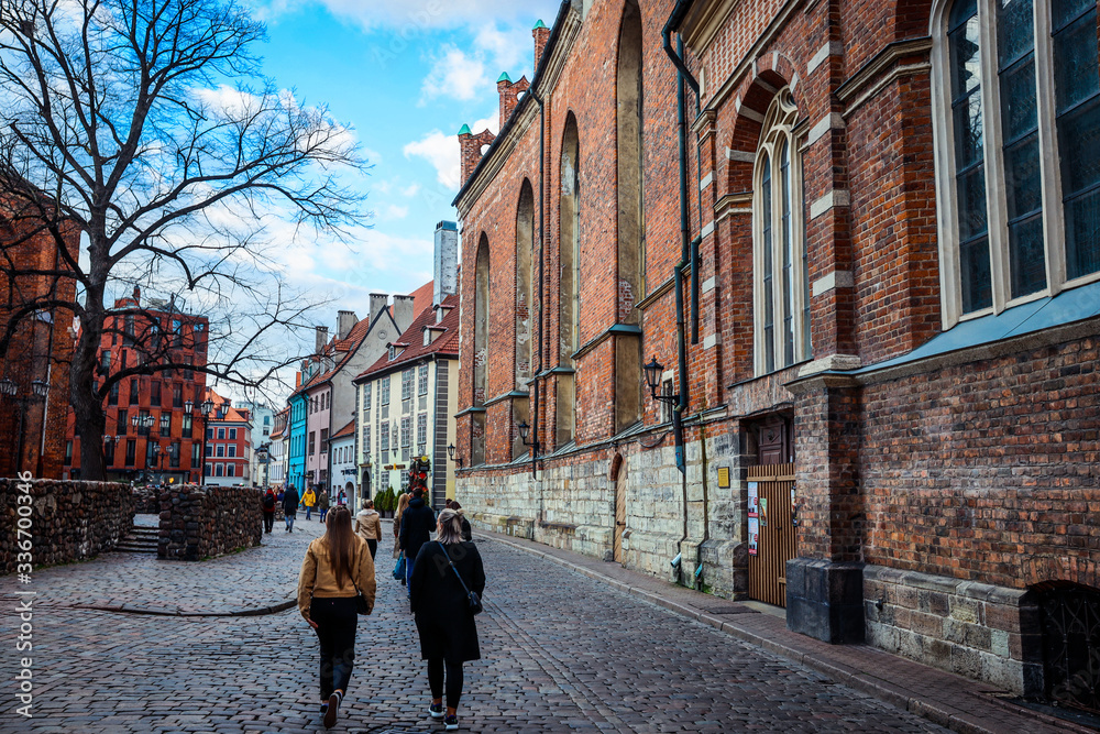 Riga, Latvia - March 04, 2020: Cozy and Nice Colorful Streets in the Old Town