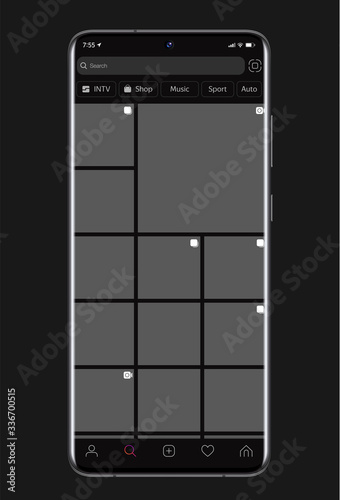 Mobile App Social Network for Photo Sharing Instagram Dark style UI and UX. Frameless Smartphone Screen Isolated on Dark Background. Vector illustration EPS10