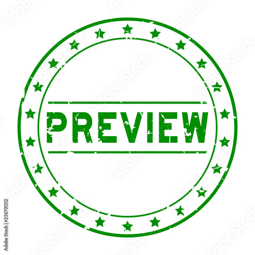 Grunge green preview word with star icon round rubber seal stamp on white background