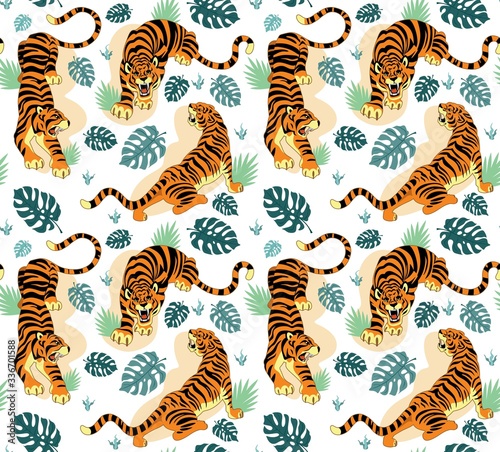 Tigers with tropical leaves seamless pattern vector illustration. Exotic plants and predatory animal in different poses cartoon design. Summer print. Isolated on white