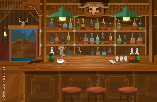 Cowboy interior wild west atmosphere wooden bar vector illustration. Shelves full of bottles with alcohol cartoon design. Cigarette in ashtray and glasses, banknote on bar counter