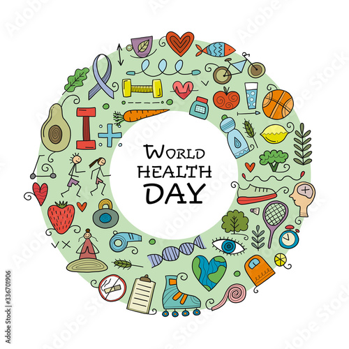 World health day. Concept art with healty lifestyle for your design