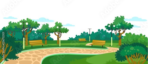 Park with wooden benches, lawn and green trees vector illustration. Walkway with bushes and lanterns cartoon design. Place for family rest and nature concept