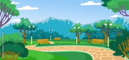 Green park with beautiful landscape and mountains vector illustration. Benches, trees, alley and street lamps cartoon design. Outdoor rest zone concept