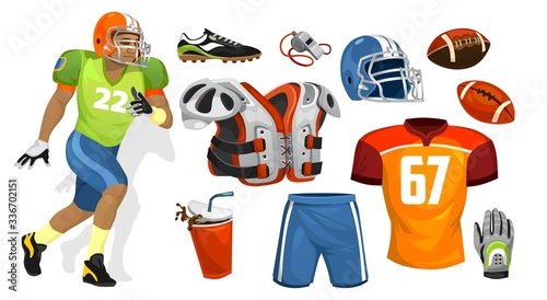 American football player supplies for competition vector illustration. Shorts, tshirt, sneakers, whistle, gloves, helmet, waistcoat and coca cola cartoon design. Sport concept. Isolated on white