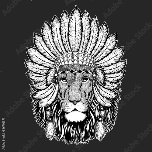 Lion head. Wild animal portrait. Indian tribal traditional headdress with feathers. Face of african cat.