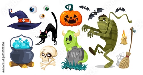 Halloween objects for horror party collection vector illustration. Set of hat, black cat, rip, ghost, pumpkin, eyeball, bat, skull, kettle, broom and mummy cartoon design. Isolated on white background