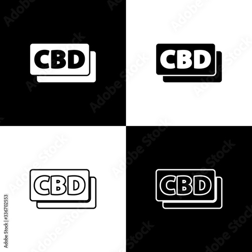 Set Cannabis molecule icon isolated on black and white background. Cannabidiol molecular structures, THC and CBD formula. Marijuana sign. Vector Illustration