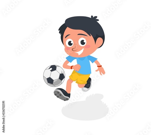 Little boy playing football and kicking ball vector illustration. Happy smiling child exercising in soccer cartoon design. Team game and footballer concept. Isolated on white