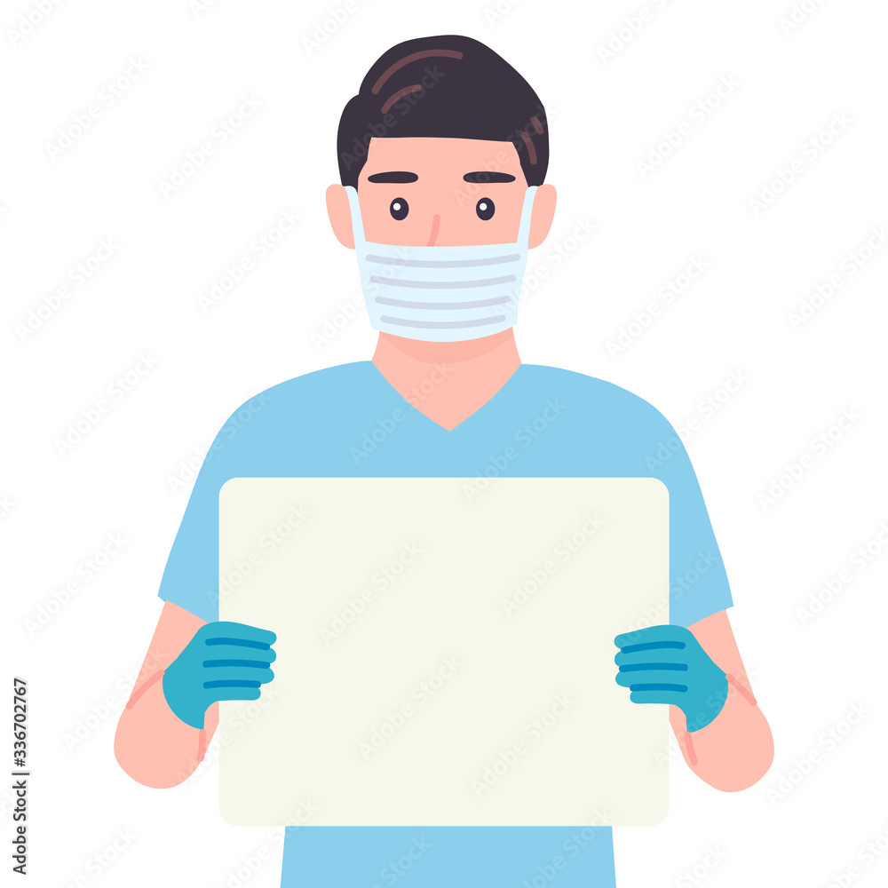 Surgeon holding blank board in his hands. Masked doctor male personage presenting sign