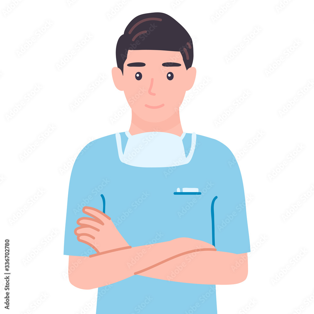 Surgeon standing with arms crossed. Masked doctor male personage health care leader Surgeon standing with arms crossed. Masked doctor male personage health care leader