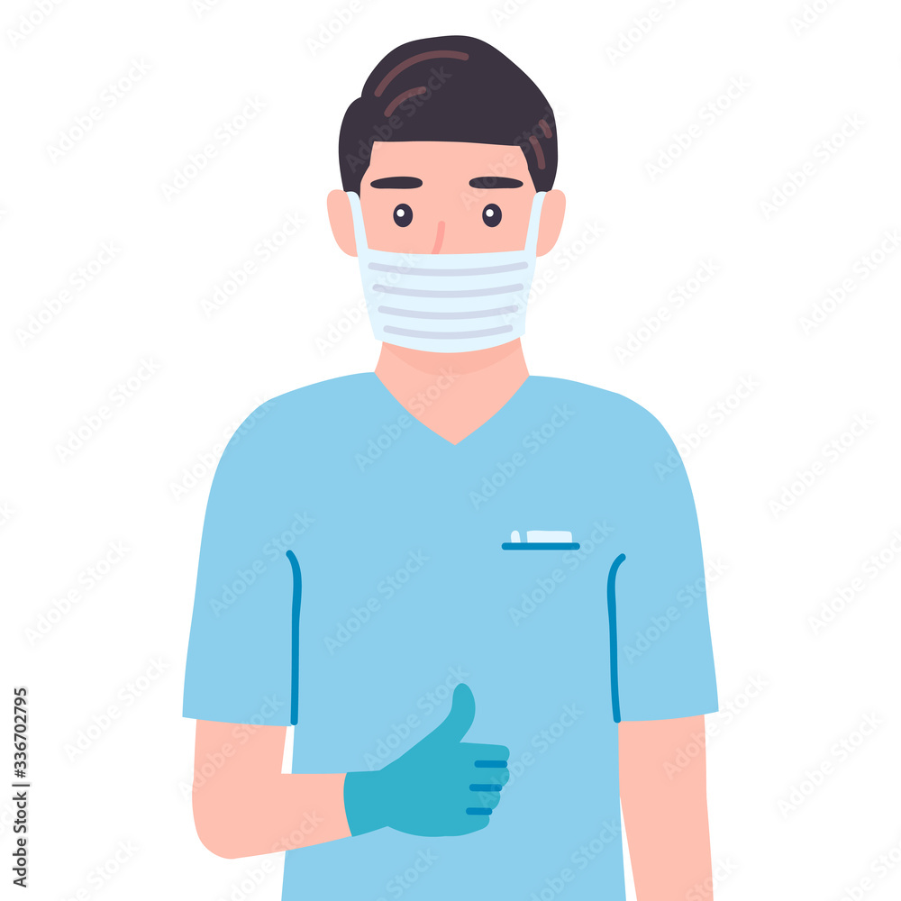 Surgeon showing thumbs up sign. Like, cool gesturing. Masked doctor male personage