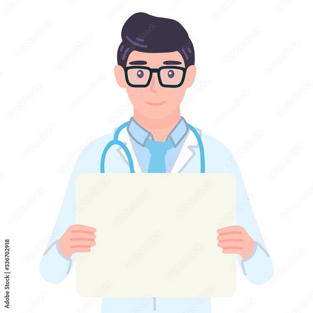 Doctor holding blank board in his hands. Medical male personage presenting sign Doctor holding blank board in his hands. Medical male personage presenting sign