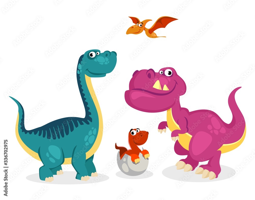 Cute colourful kind dinosaurs in cartoon style set vector illustration. Pink green and red bright dinos creative design. Extinct type of animal concept. Isolated on white background