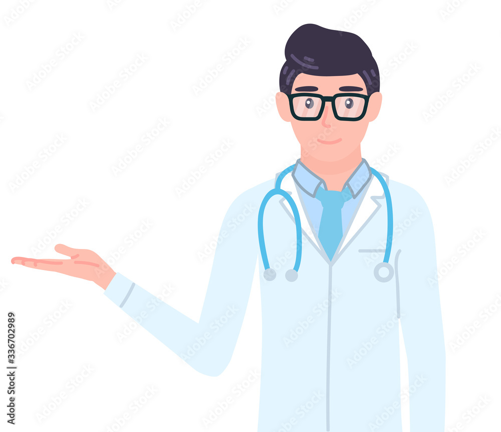 Doctor showing open hand with space for medical product. Male personage health care lectures Doctor showing open hand with space for medical product. Male personage health care lectures