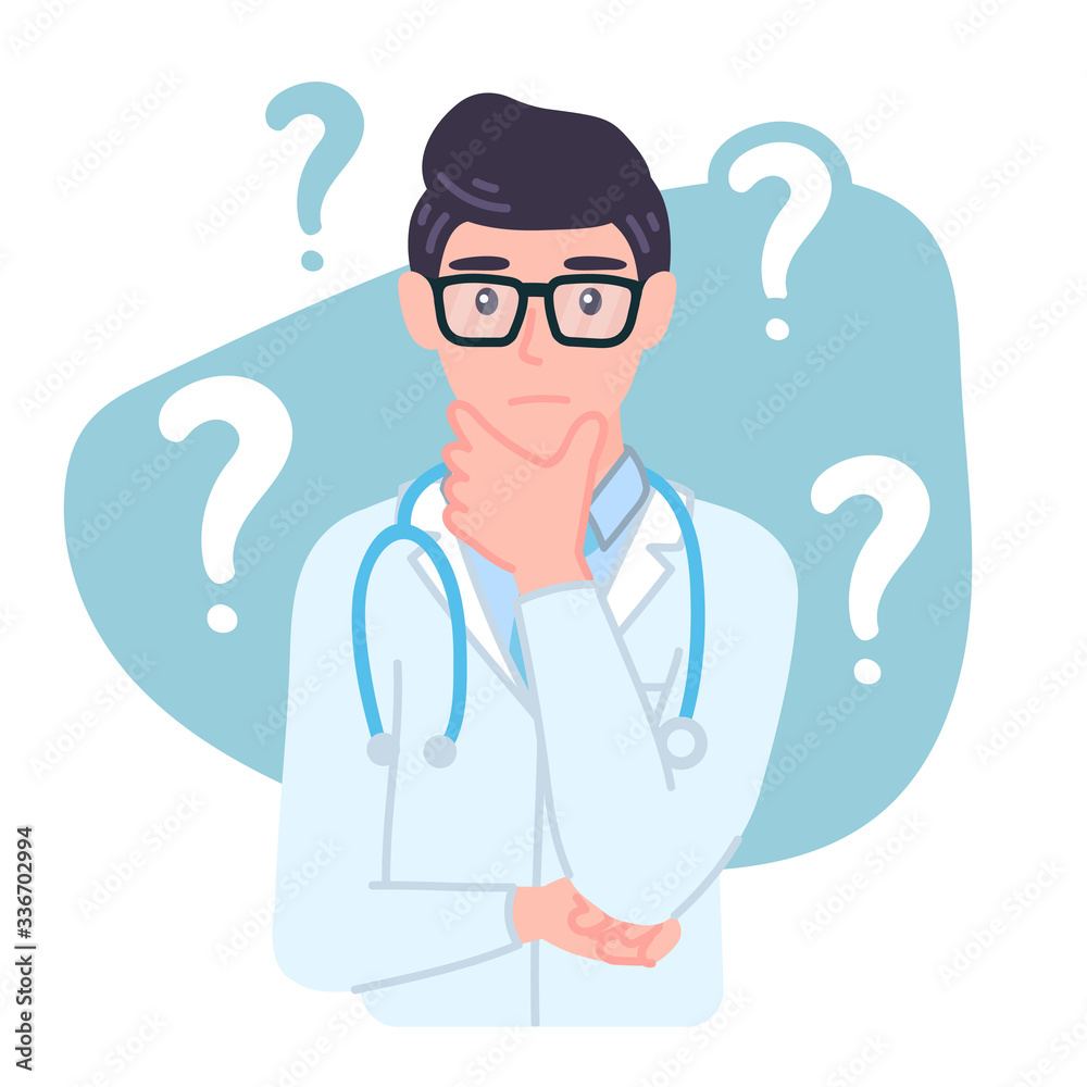 Thinking Doctor. Medical male personage with a curious expression, confused, wonder. Thinking Doctor. Medical male personage with a curious expression, confused, wonder.