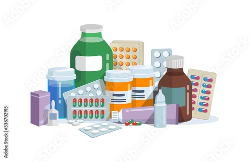 Capsules, blisters and glass bottles with medicine vector illustration. Plastic tubes with caps and pills flat style design. Drug medication and healthcare concept. Isolated on white background