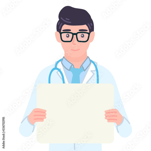 Doctor holding blank board in his hands. Medical male personage presenting sign