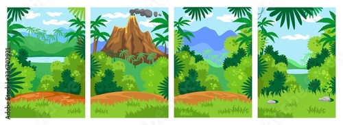 Jungle backgrounds with tropical leaves set vector illustration. Lake, volcano and mountain with green meadows cartoon design. Untouched nature and safari concept