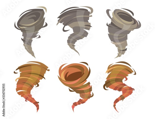 Sand and wind whirlwinds natural phenomenon set vector illustration. Desert sandstorm and flying gust of wind cartoon design. Isolated on white background