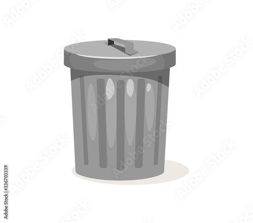 Metal trashcan for garbage with closed cover vector illustration. Empty rubbish can cartoon design. Ecology and environment concept. Isolated on white background