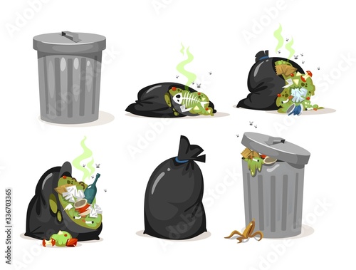 Black trash bags and garbage metal can set vector illustration. Falling rotten smelly rubbish and leftovers cartoon design. Ecology and environment concept. Isolated on white background