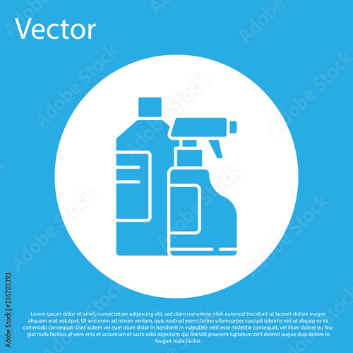 Blue Plastic bottles for laundry detergent, bleach, dishwashing liquid or another cleaning agent icon isolated on blue background. White circle button. Vector Illustration