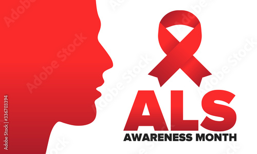 ALS Awareness Month. Amyotrophic lateral sclerosis. Annual campaign is held in May in United States. Control and protection. Prevention campaign. Medical health care concept. Vector illustration