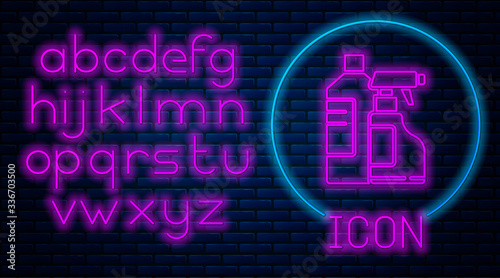 Glowing neon Plastic bottles for laundry detergent, bleach, dishwashing liquid or another cleaning agent icon isolated on brick wall background. Neon light alphabet. Vector Illustration