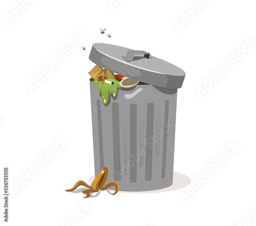 Trash can filled with rubbish and peel from banana vector illustration. Garbage with cigarette and flies cartoon design. Trash falling on ground. Isolated on white background
