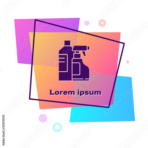 Purple Plastic bottles for laundry detergent, bleach, dishwashing liquid or another cleaning agent icon isolated on white background. Color rectangle button. Vector Illustration