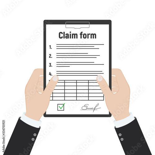 Insurance claim form. Accident concept. Man writes form. Transport incident.
