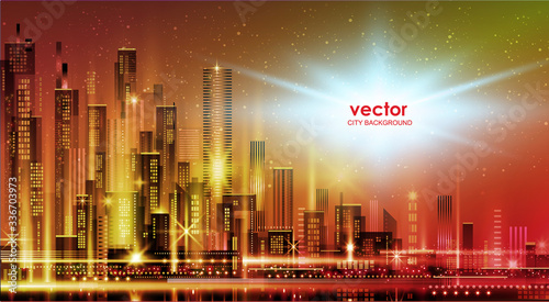Night city illustration with neon glow and vivid colors. illustration with architecture, skyscrapers, megapolis, buildings, downtown.