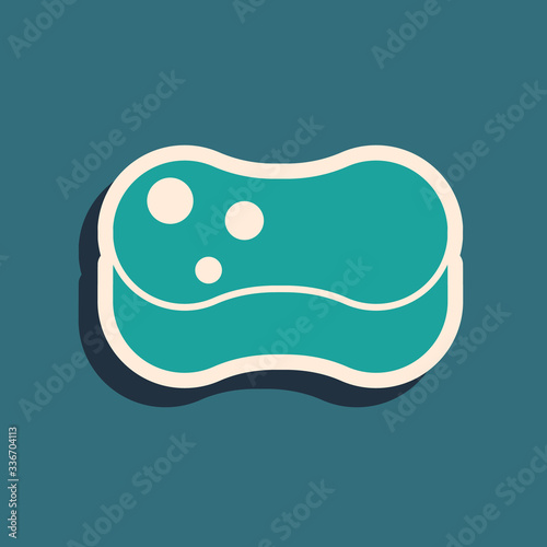 Green Sponge icon isolated on green background. Wisp of bast for washing dishes. Cleaning service concept. Long shadow style. Vector Illustration