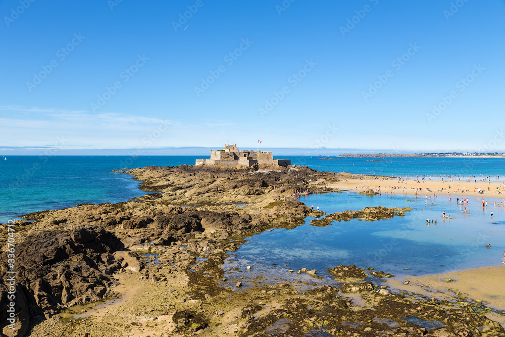 Saint-Malo, France. Scenic view of Fort National (1689) at low tide