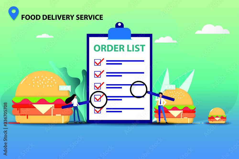 Business concept of food delivery service, tiny staff hold a magnifier and focus in a list of order to prepare the food and ship to the customer in a background of big hamburger and order list board.