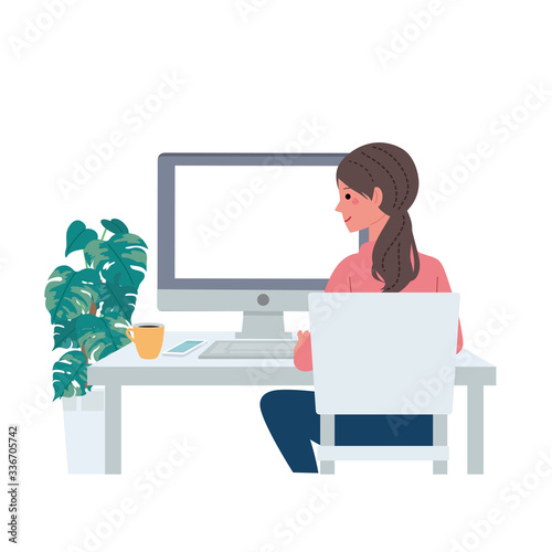 パソコンに向かう女性　イラスト　テレワーク　リモートワーク
