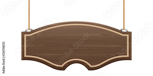Curly wooden signboard with free space for text hanging on the ropes. Vector illustration isolated on white
