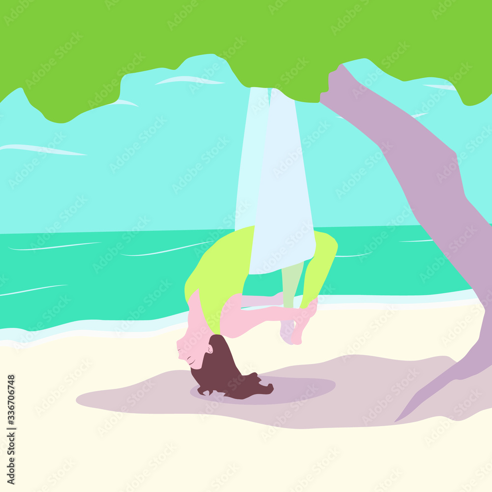 Vector illustration in flat style. It depicts a woman doing fly aerial yoga position, suspended from a tree on the background of the ocean. Minimum of details, a relaxing pose, pleasant colors.