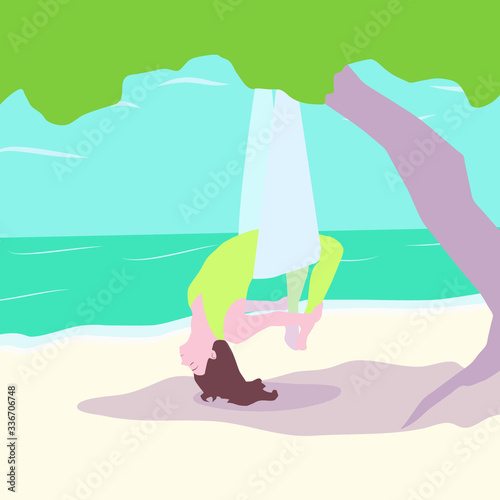 Vector illustration in flat style. It depicts a woman doing fly aerial yoga position, suspended from a tree on the background of the ocean. Minimum of details, a relaxing pose, pleasant colors.