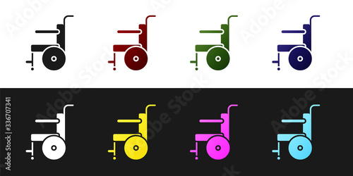 Set Wheelchair for disabled person icon isolated on black and white background. Vector Illustration